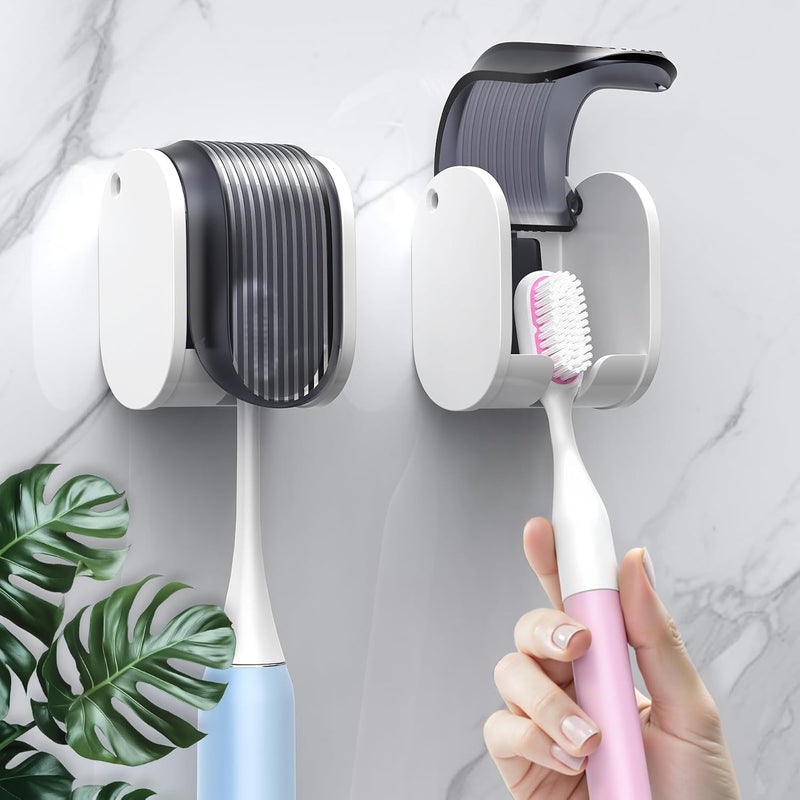 LUWUIDEN 2 Pcs Toothbrush Holders Wall Mounted, Single Slot Design, Shower Self Adhesive Wall Mounted Toothbrush Holder with Cover, Waterproof and Dustproof, Suitable for Bathroom, Family, Travel (Grey) - Image 1